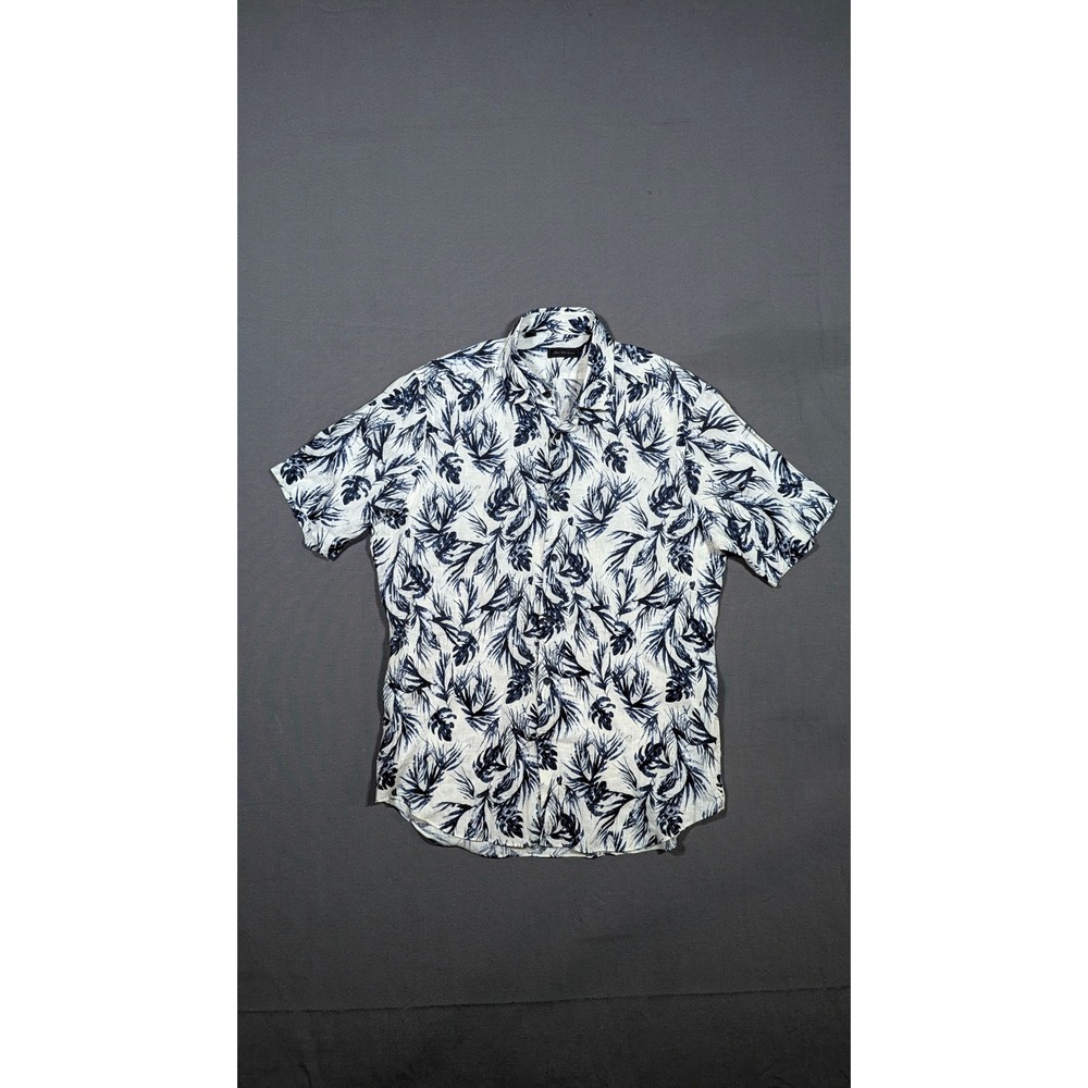 Saks Fifth Avenue 100% Linen Tropical Palm Print Short Sleeve Shirt Navy White M
